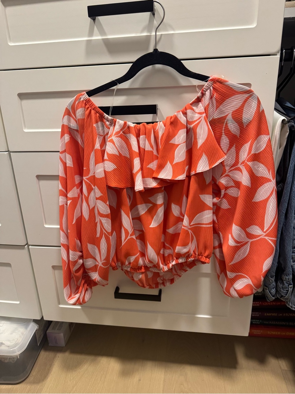 Off-Shoulder Orange Floral Ruffle Crop Top - Women